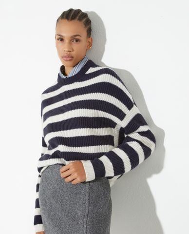  MAX&Co. - Áo dệt kim nữ cổ tròn tay dài kẻ sọc Brandy 