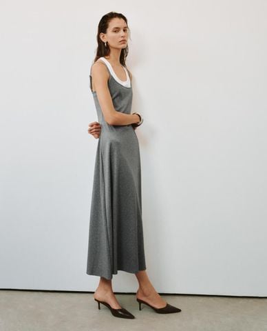  URBAN REVIVO - Đầm hai dây midi cổ chữ U phối layer 