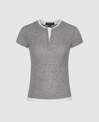  URBAN REVIVO - Áo thun nữ cổ tròn tay ngắn phối viền 