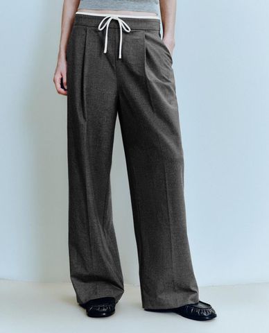  URBAN REVIVO - Quần nữ ống đứng lưng thun phối dây rút 