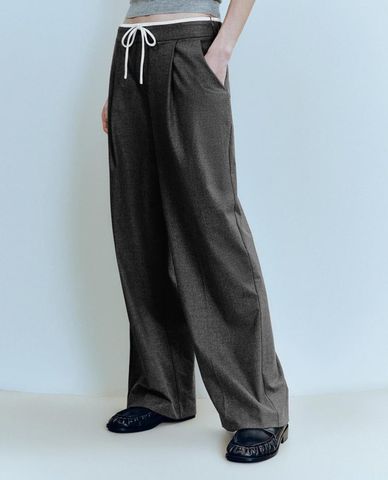  URBAN REVIVO - Quần nữ ống đứng lưng thun phối dây rút 