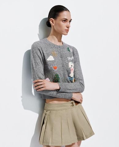  URBAN REVIVO - Áo khoác cardigan nữ cổ tròn tay dài thêu họa tiết 