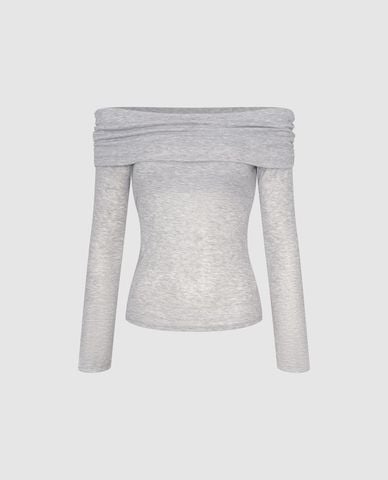  URBAN REVIVO - Áo trễ vai nữ tay dài phối nhún 