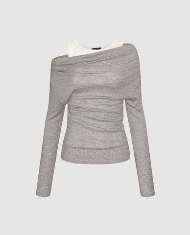  URBAN REVIVO - Áo trễ vai nữ tay dài phối layer 