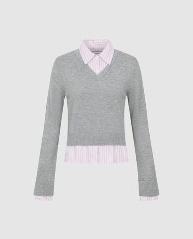  URBAN REVIVO - Áo dệt kim nữ cổ sơ mi tay dài 