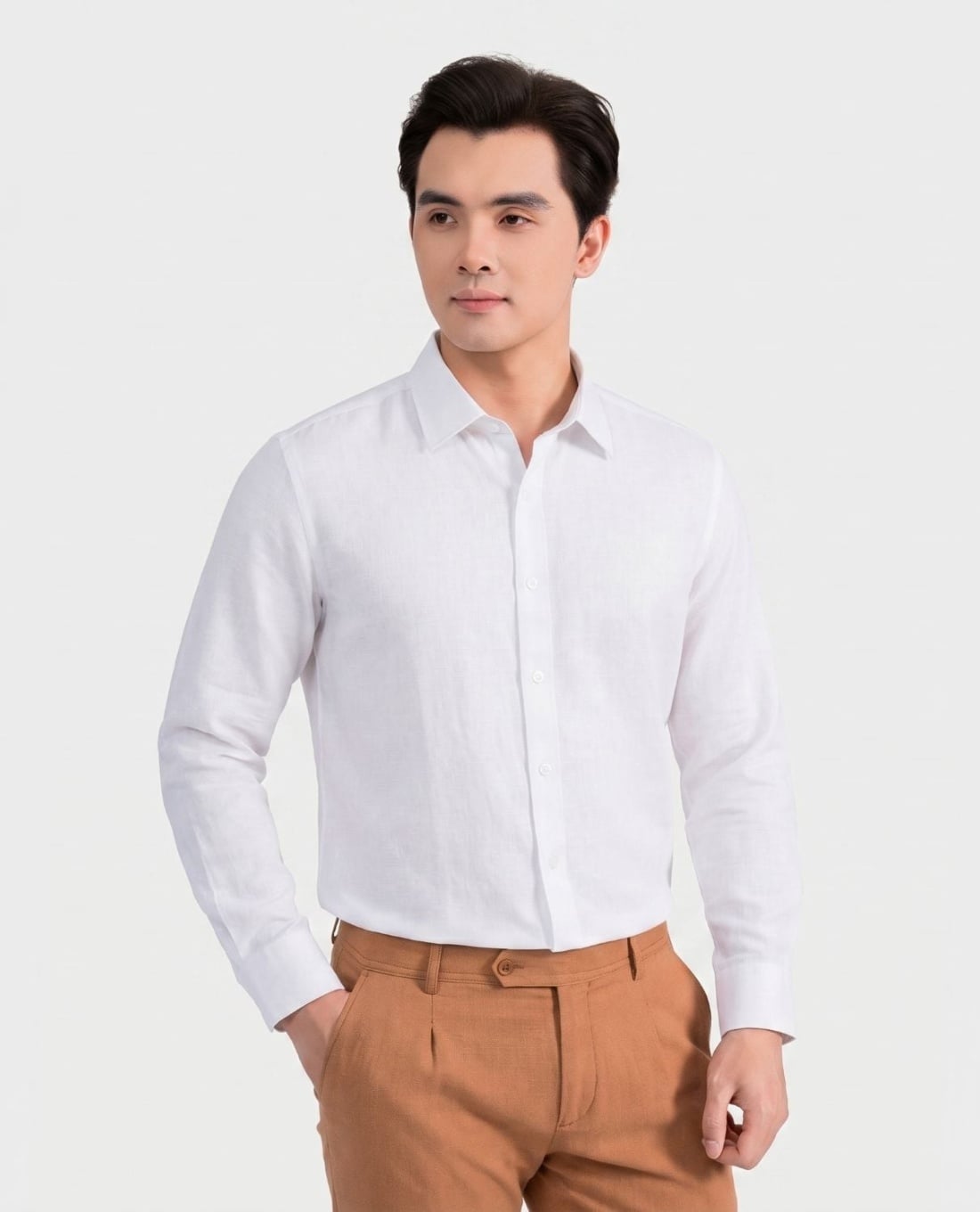 Aristino Business áo sơ mi nam tay dài trơn linen trắng