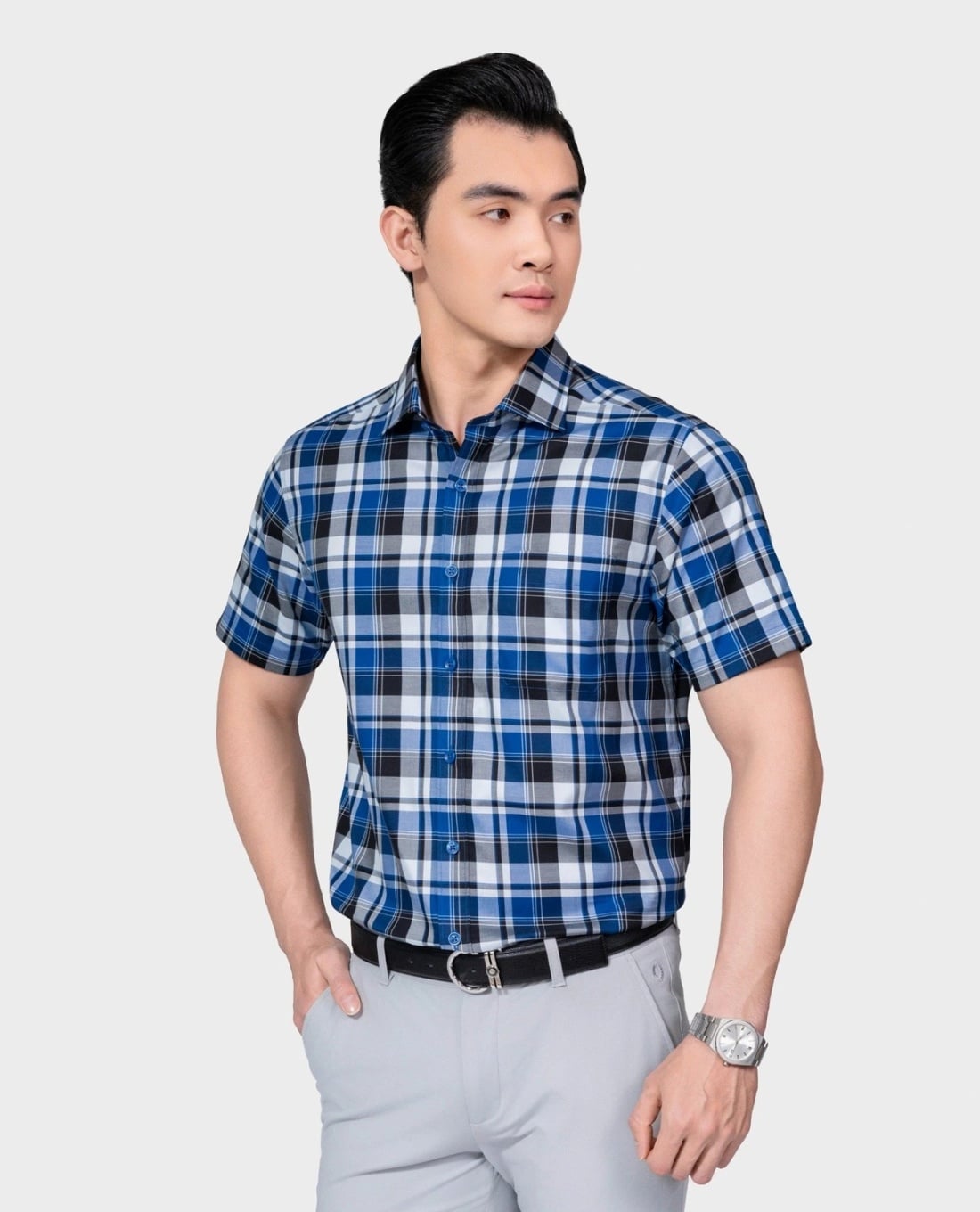 ARISTINO BUSINESS - Áo sơ mi nam cổ bẻ tay ngắn kẻ caro Fiero