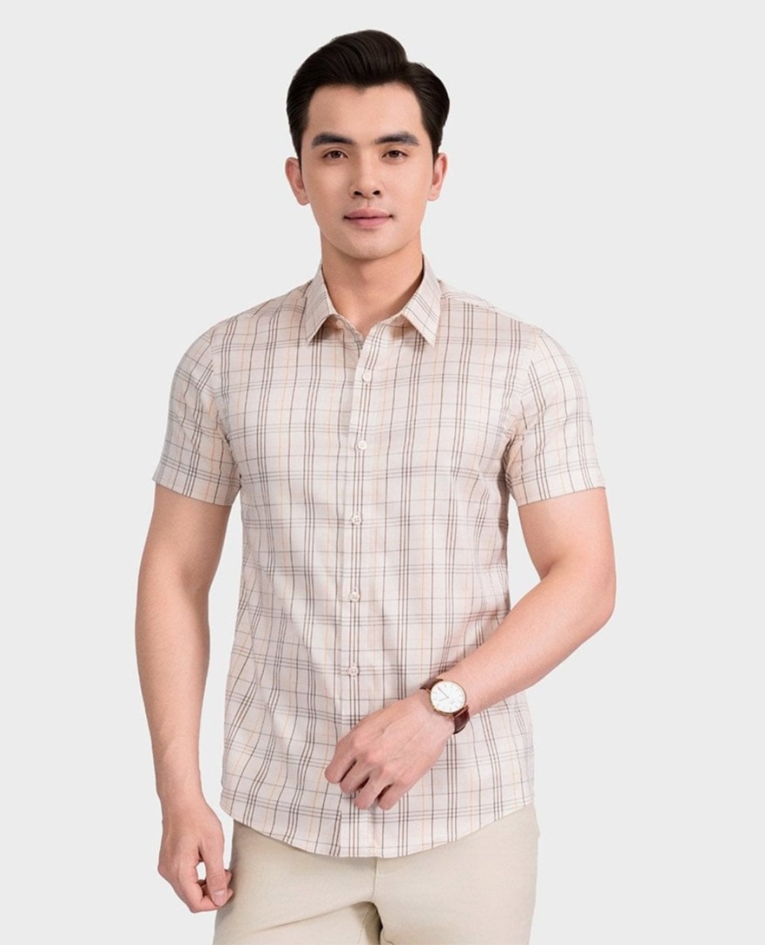 ARISTINO BUSINESS - Áo sơ mi nam cổ bẻ tay ngắn kẻ caro phom ôm