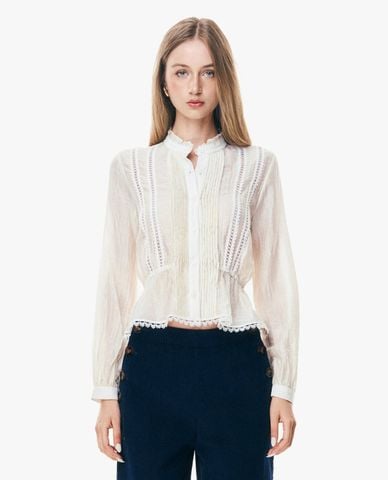  GIGI - Áo kiểu nữ cổ bèo tay dài phối ren thắt eo 