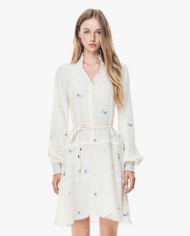  GIGI - Đầm mini cổ V tay dài họa tiết hoa nhún bèo 