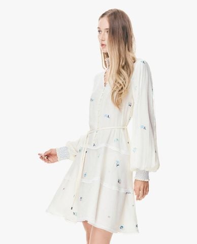  GIGI - Đầm mini cổ V tay dài họa tiết hoa nhún bèo 
