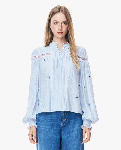  GIGI - Áo kiểu nữ cổ trụ tay dài thêu hoa phối ren 