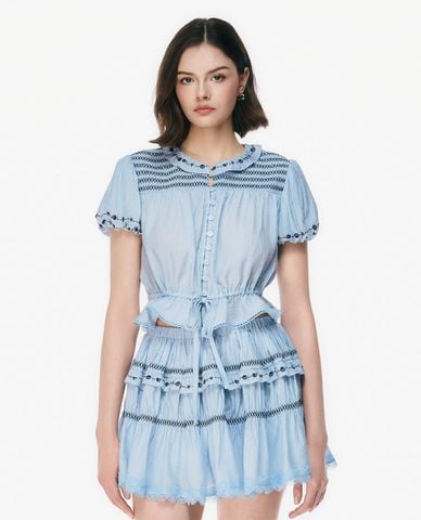  GIGI - Áo kiểu nữ cổ bèo tay phồng phối nơ 