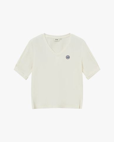  PALLADIUM - Áo thun nữ cổ tim tay ngắn phối logo 