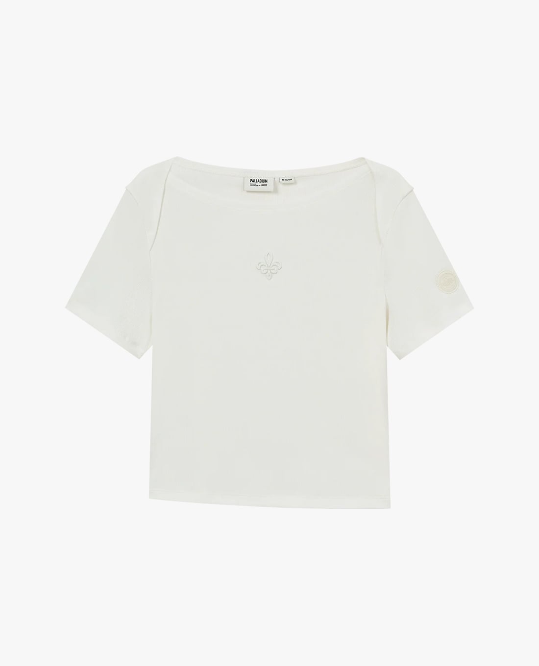 PALLADIUM - Áo thun nữ cổ thuyền tay ngắn thêu logo