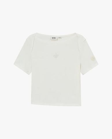  PALLADIUM - Áo thun nữ cổ thuyền tay ngắn thêu logo 