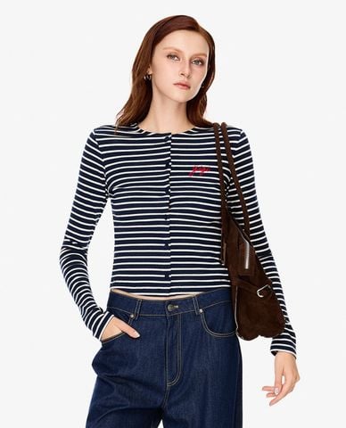  GIGI - Áo dệt kim nữ cổ tròn tay dài sọc ngang 