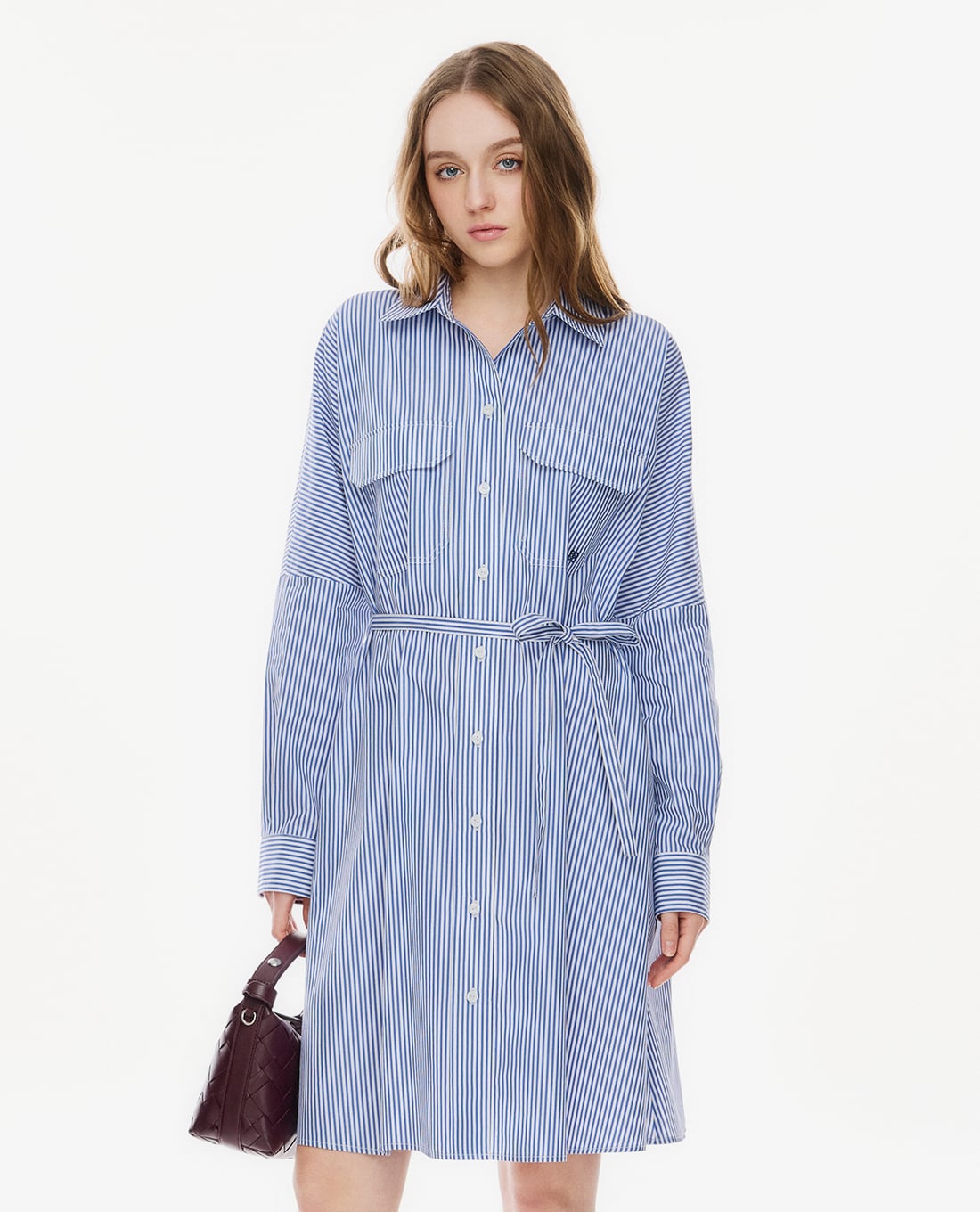 GIGI - Đầm sơ mi midi kẻ sọc phối dây thắt eo