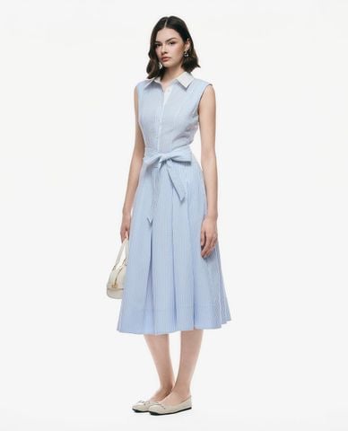  GIGI - Đầm sát nách midi cổ sơ mi kẻ sọc 