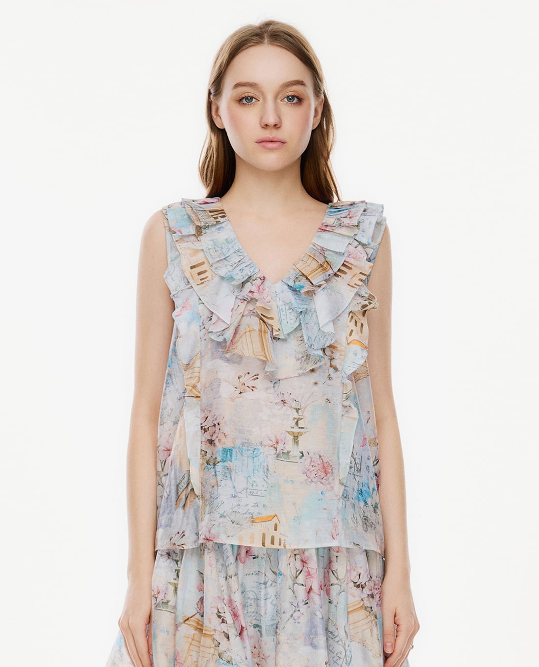 GIGI - Áo sát nách nữ cổ V phối bèo nhún in họa tiết