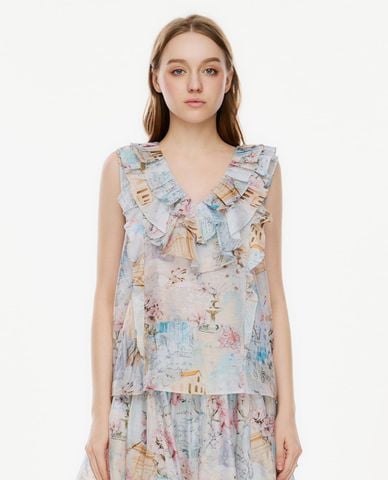  GIGI - Áo sát nách nữ cổ V phối bèo nhún in họa tiết 