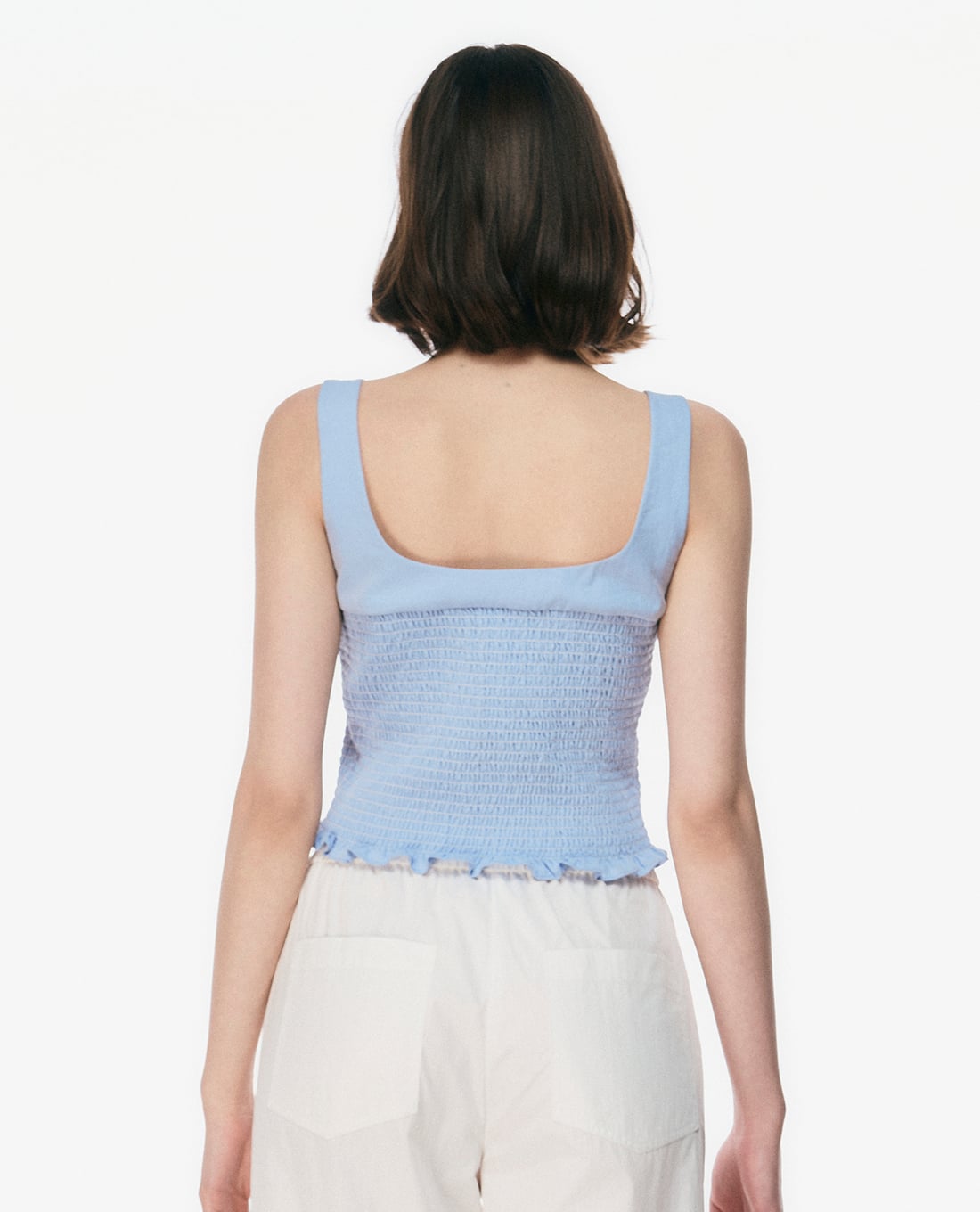 GIGI áo hai dây nữ cổ vuông phom ôm viền bèo màu xanh pastel