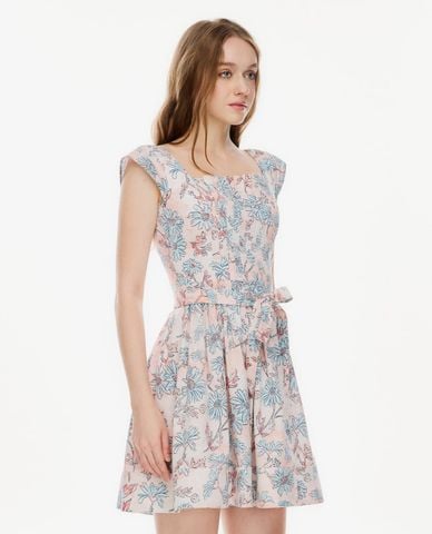  GIGI - Đầm mini cổ vuông in họa tiết phối đai lưng 