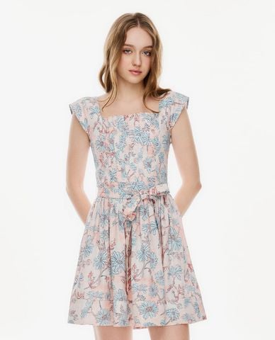  GIGI - Đầm mini cổ vuông in họa tiết phối đai lưng 