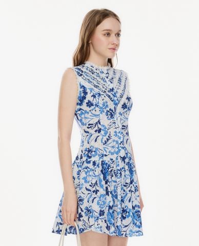  GIGI - Đầm sát nách mini cổ tròn in hoa viền ren 