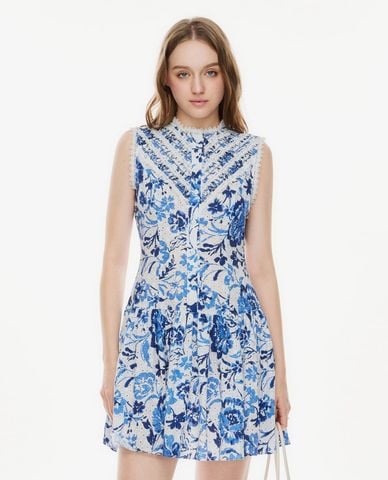  GIGI - Đầm sát nách mini cổ tròn in hoa viền ren 