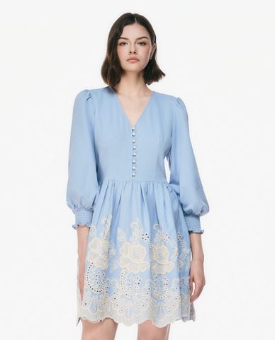  GIGI - Đầm mini cổ V tay phồng thêu hoa 