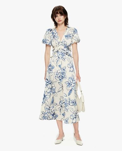  GIGI - Đầm midi cổ V tay phồng xẻ tà in hoa 