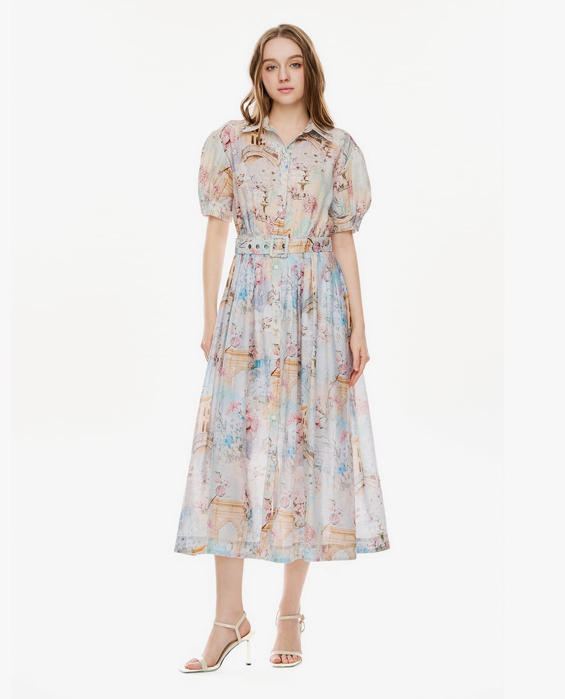 GIGI - Đầm midi cổ bẻ tay phồng phối thắt lưng