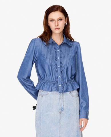  GIGI - Áo sơ mi nữ cổ bẻ tay dài phối bèo 