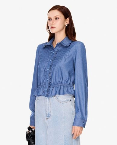  GIGI - Áo sơ mi nữ cổ bẻ tay dài phối bèo 