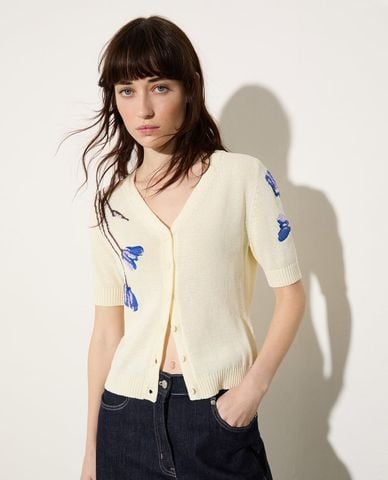  MAX&Co. - Áo khoác dệt kim nữ cổ V thêu hoa Mcoranch 