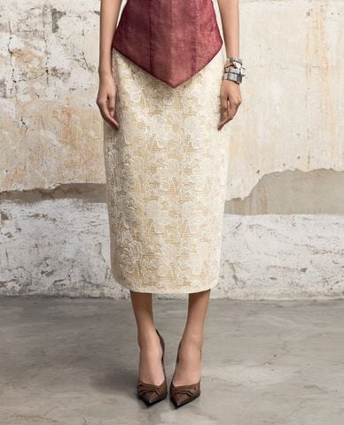  THOME - Chân váy bút chì midi phối ren Lá Sen 