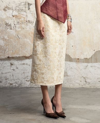  THOME - Chân váy bút chì midi phối ren Lá Sen 
