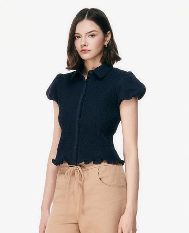  GIGI - Áo sơ mi nữ cổ bẻ tay ngắn nhún eo 