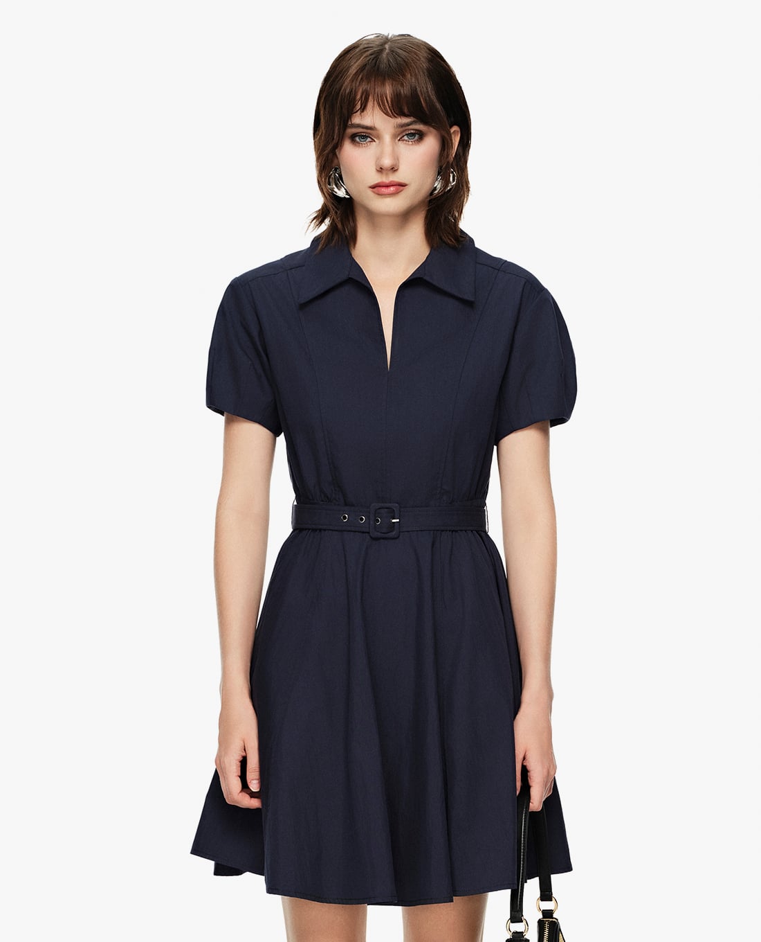 GIGI - Đầm mini cổ bẻ tay phồng phối thắt lưng