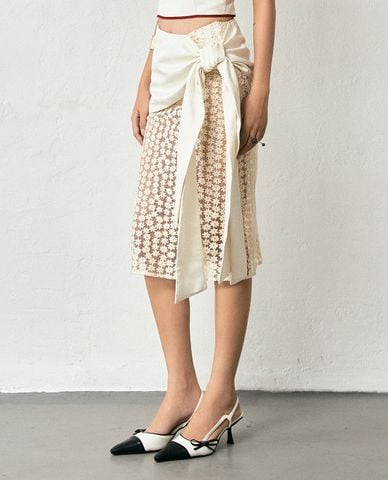  THOME - Chân váy bút chì midi phối ren hoa nhí 