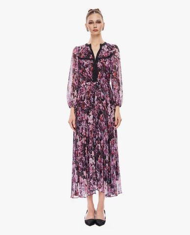  GIGI - Đầm midi cổ V tay dài phối ren in hoa 