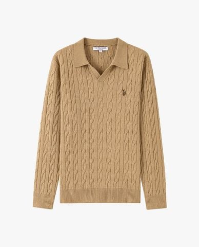  USPA - Áo dệt kim nam cổ bẻ tay dài họa tiết vặn thừng 