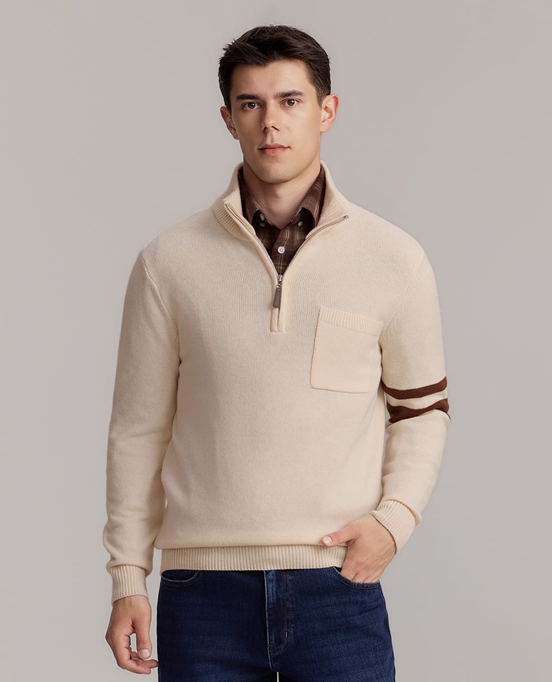USPA - Áo dệt kim nam cổ trụ tay dài khóa kéo
