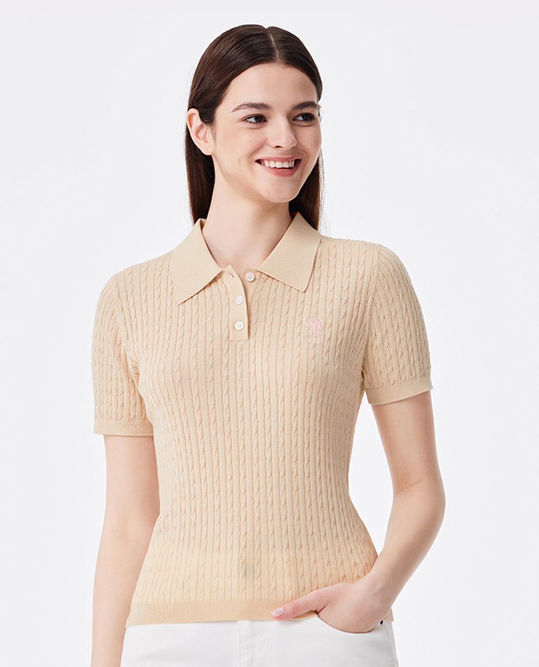 USPA - Áo dệt kim nữ cổ bẻ tay ngắn thêu logo