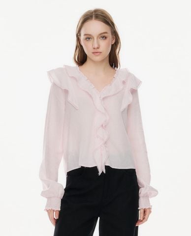  GIGI - Áo kiểu nữ cổ V tay dài nhún bèo xếp tầng 