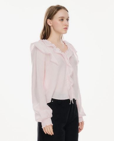  GIGI - Áo kiểu nữ cổ V tay dài nhún bèo xếp tầng 