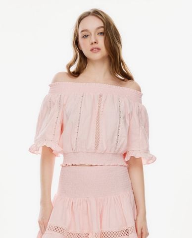  GIGI - Áo trễ vai nữ tay lửng phối ren phom croptop 