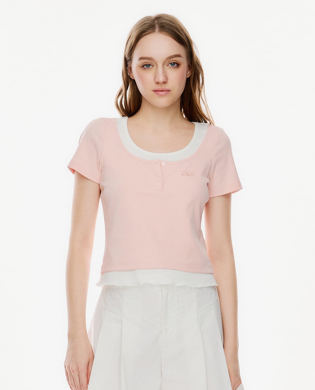 GIGI - Áo thun nữ cổ tròn tay ngắn phối viền