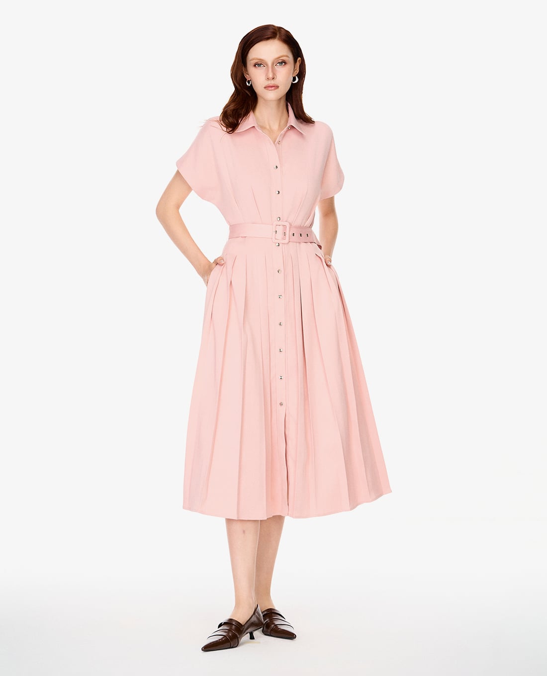 GIGI - Đầm sơ mi midi tay ngắn phối thắt lưng